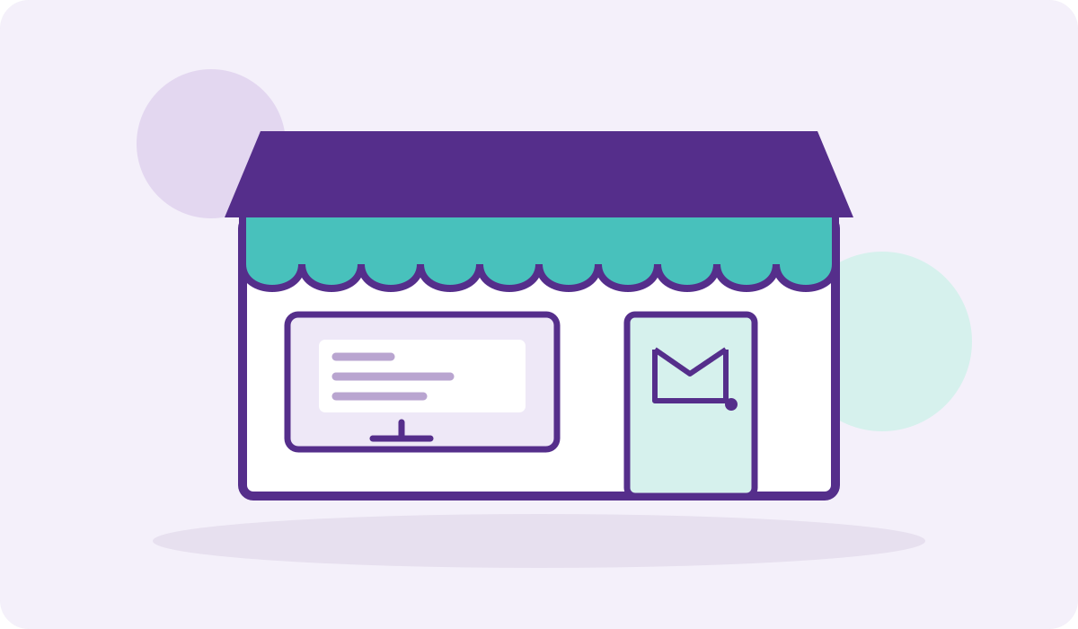 A shop with a website display and an envelope on its door: hosting provides space for your website and mailboxes.