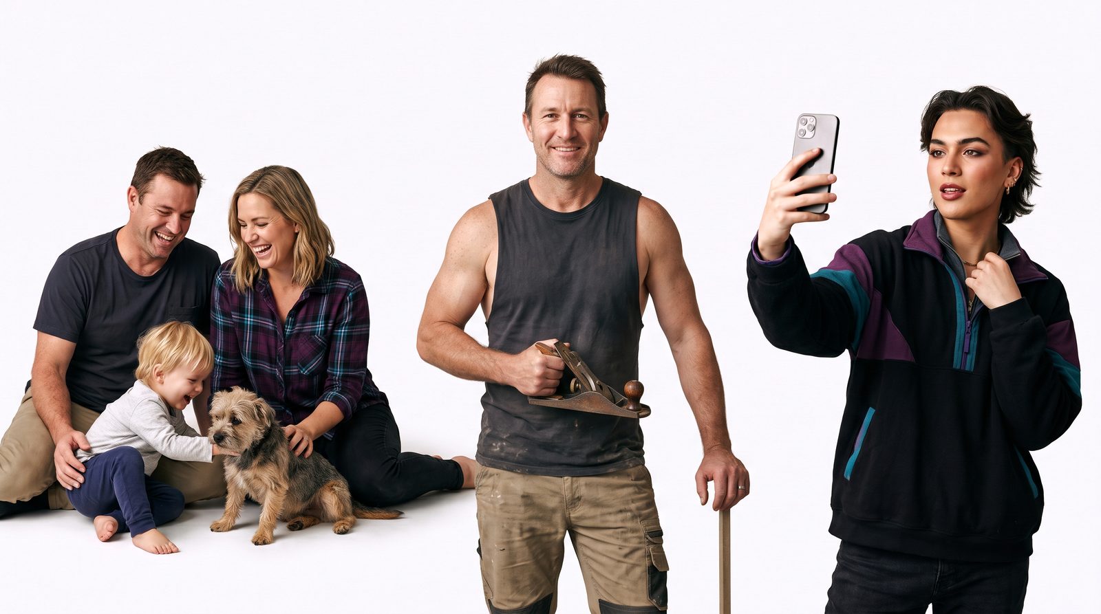 A family with their dog, a carpenter holding a hand plane, and a creator taking a selfie: three kinds of people who each might want their own website, email and domain name.