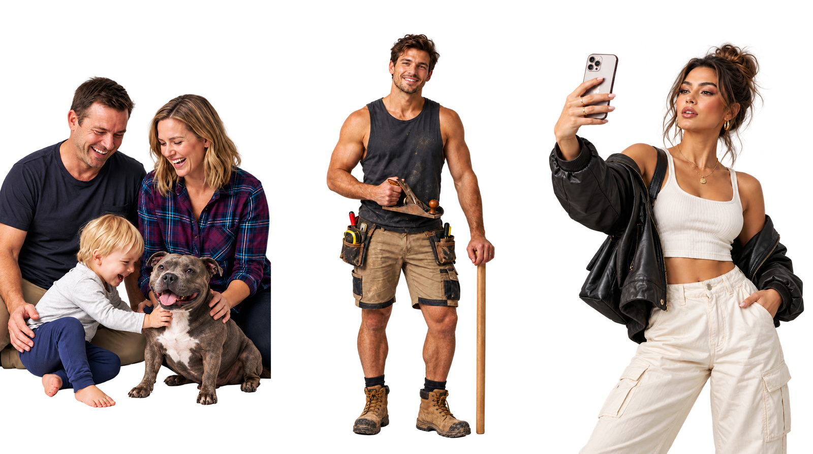 A family with their dog, a carpenter holding a hand plane, and a creator taking a selfie: three kinds of people who each might want their own website, email and domain name.