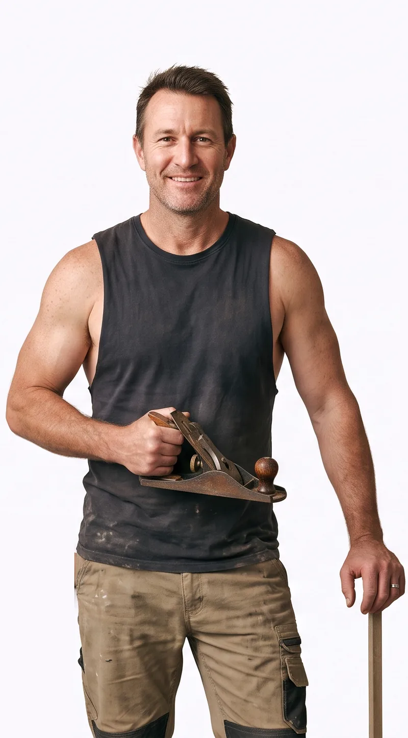 A carpenter holding a hand plane