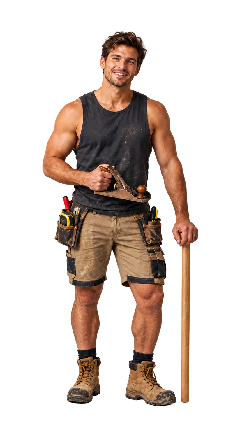 A carpenter holding a hand plane