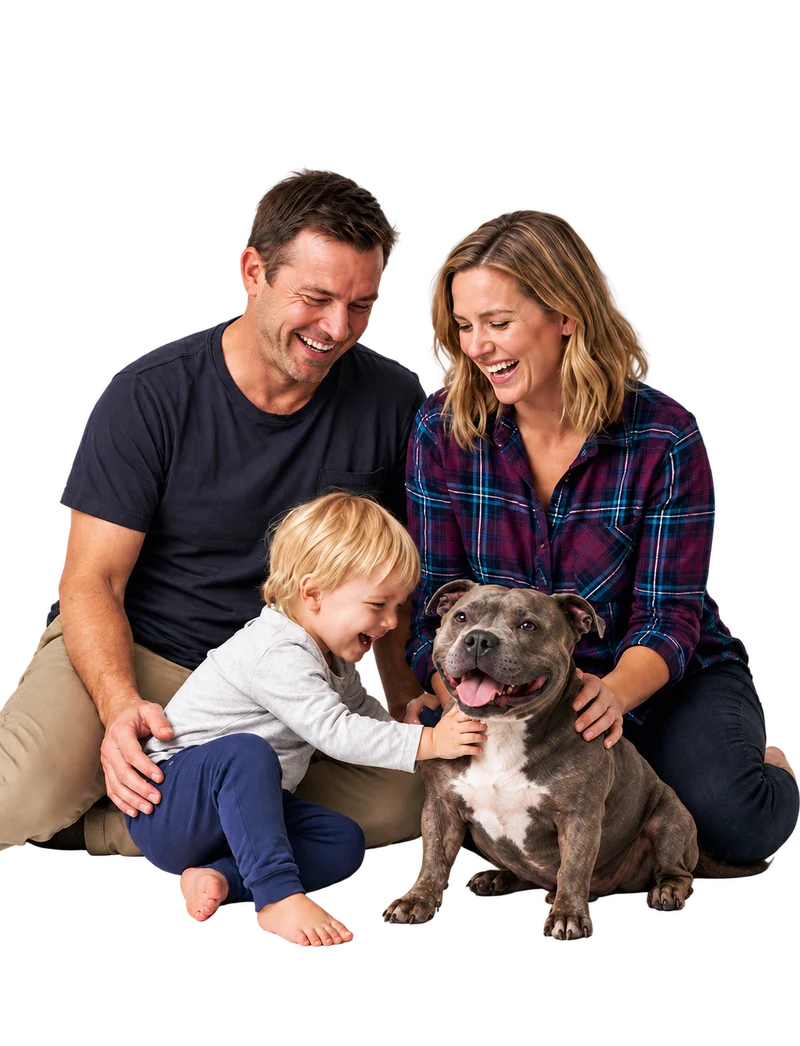 A couple laughing with their toddler and dog